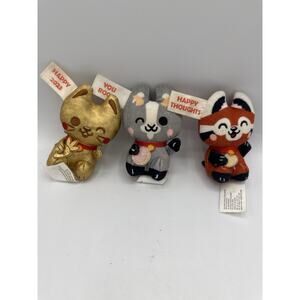 Set of 3 Mini Plush Animal Charms – Lucky Cat, Red Panda, Lucky Fortune